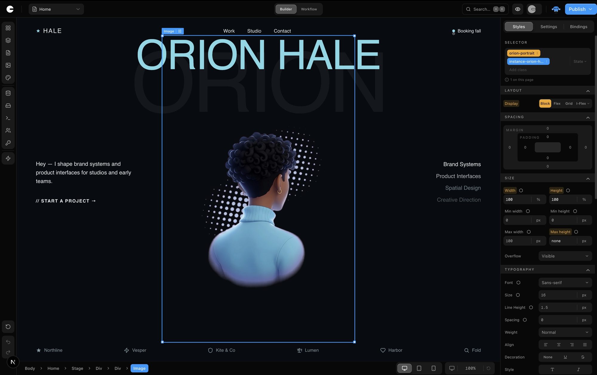 The Cebler visual editor: a page on the canvas with layers, styles and settings panels